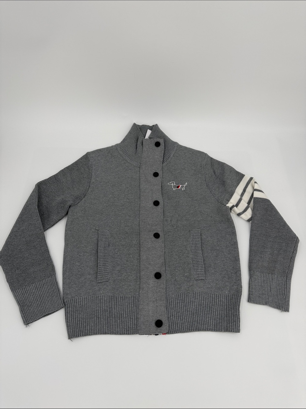 Thom Browne Gray Knit Snap Closure Front Jacket with Stripe One Sleeve